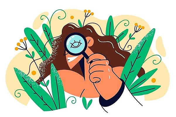 EPS 해외이미지 라이프스타일 여자 잎 일러스트 돋보기 한명 들기 상반신 성인 확대 확인 눈모양 성인여자한명만 해외202309 해외일러스트 모양 식물 1 모션 사람 생활 여자한명만 성인여자만 파일형식 벡터