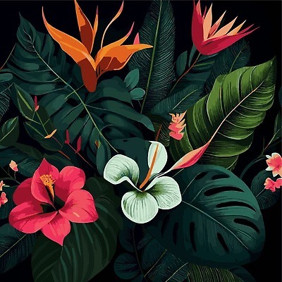 EPS 해외이미지 일러스트 검은배경 사람없음 야자수잎 몬스테라 열대꽃 열대잎 트로피컬아트 해외202309 해외일러스트 식물 꽃 백그라운드 잎 검은색 그림 파일형식 벡터