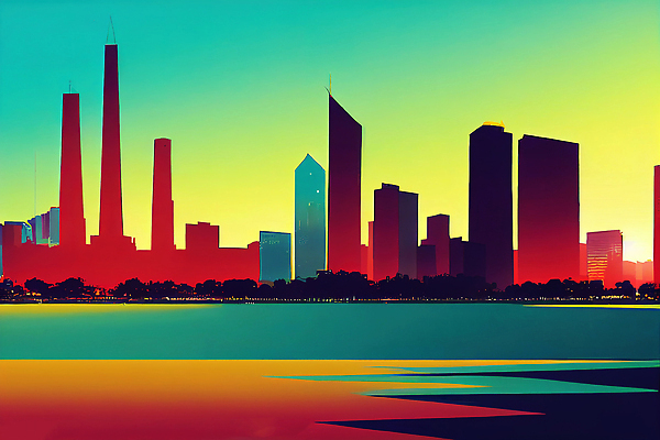 JPG 해외이미지 나무 바다 일러스트 하늘 빌딩 사람없음 물 컬러풀 도시 분위기 해외202309 해외일러스트 자연요소 식물 컬러 컨셉 건물 파일형식