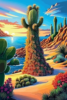 EPS 해외이미지 바다 일러스트 선인장 사람없음 반사 노을 사막 선인장꽃 해외202309 해외일러스트 자연요소 식물 꽃 파일형식 벡터