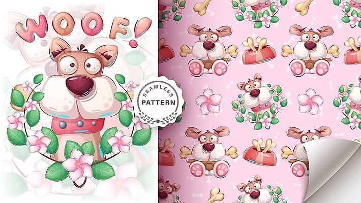 EPS 해외이미지 꽃 잎 패턴 일러스트 사람없음 귀여움 개캐릭터 목줄 개밥그릇 개뼈다귀 해외202309 해외일러스트 식물 그릇 동물캐릭터 컨셉 무늬 개 애견용품 애견간식 파일형식 벡터 반려용품