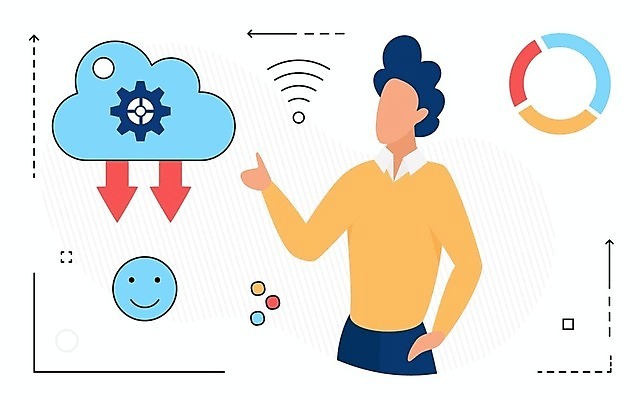 EPS 해외이미지 남자 일러스트 한명 미소 상반신 성인 자료 가리킴 와이파이 구름모양 온라인 클라우드서비스 업로드 성인남자한명만 해외202309 해외일러스트 모양 1 표정 사람 손짓 서비스 무선인터넷 남자한명만 성인남자만 파일형식 벡터 구름_자연