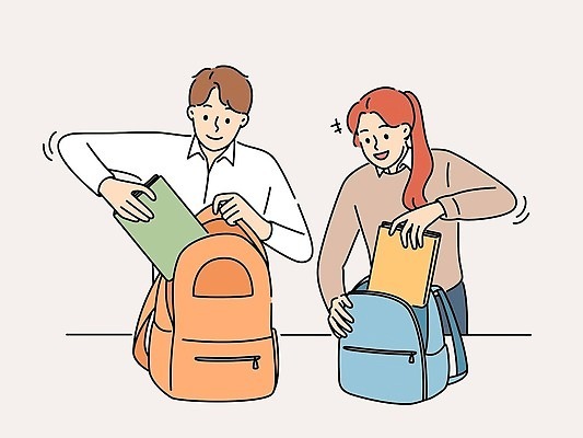 EPS 해외이미지 여자 교육 남자 일러스트 청소년 상반신 두명 책 공책 백팩 넣기 십대만 해외202309 해외일러스트 가방 모션 문구용품 사람 파일형식 벡터