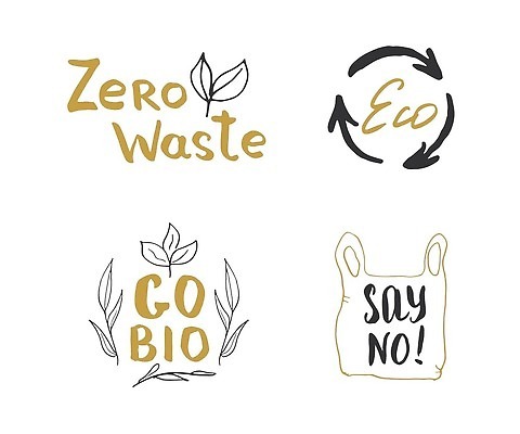 EPS 해외이미지 손글씨 잎 일러스트 캘리그라피 비닐봉투 타이포그라피 사람없음 장식 재활용 거절 에코 손그림 제로웨이스트 해외202309 해외일러스트 식물 문자 컨셉 봉투 환경 그린캠페인 사회이슈 친환경 파일형식 벡터