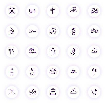 EPS 해외이미지 디자인 공원 선 컬러 여행 일러스트 배낭 자동차 자연 모바일 산 텐트 그림자 야외 빛 세트 픽토그램 소풍 보라색 웹 캠핑 장비 원형 칼 숲 나침반 모닥불 심볼 사인 윤곽 UI 엘리먼트 벡터 해외202309 해외일러스트 도형 공공시설 육상교통 인터넷 가방 불 레저 캠핑도구 야외활동 생태계 파일형식