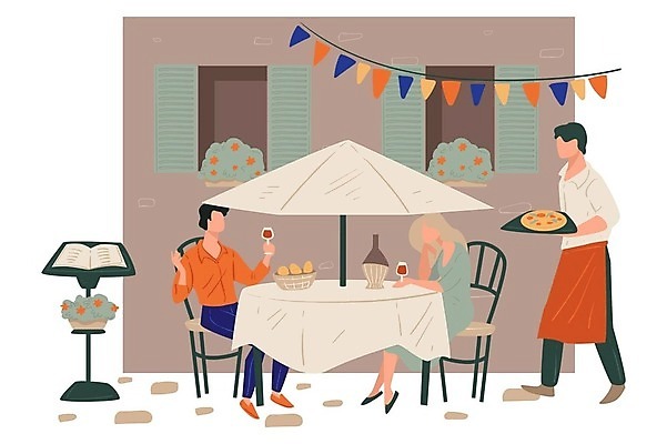 EPS 해외이미지 전신 식물 여자 남자 화분 빵 와인잔 의자 일러스트 창문 식탁 피자 들기 앉기 성인 세명 와인 턱괴기 파라솔 웨이터 메뉴판 가랜드 성인만 해외202309 해외일러스트 직업 음식 가구 술잔 모션 탁자 주류 패스트푸드 서양음식 사람 파티용품 파일형식 벡터