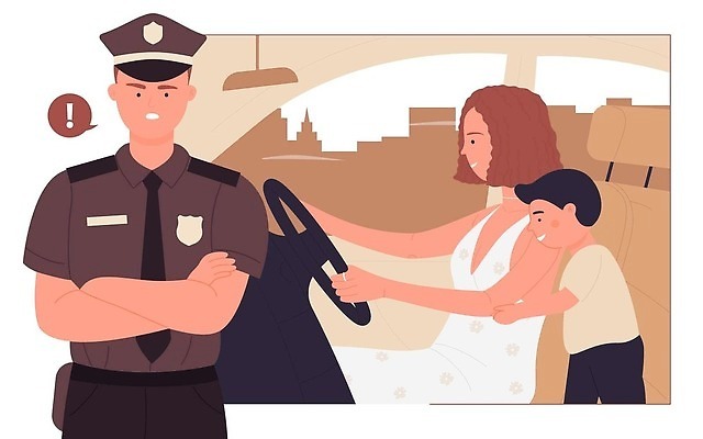 EPS 해외이미지 여자 남자 어린이 말풍선 일러스트 소년 성인 세명 팔짱 운전 경찰 느낌표 핸들 경찰복 해외일러스트 직업 기호 유니폼 모션 사람 파일형식 벡터