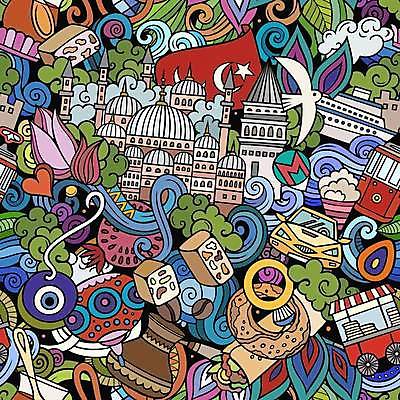 EPS 해외이미지 꽃 백그라운드 잎 패턴 일러스트 자동차 이스탄불 사람없음 낙서 가득함 터키국기 해외일러스트 식물 육상교통 무늬 국기 파일형식 벡터 튀르키예