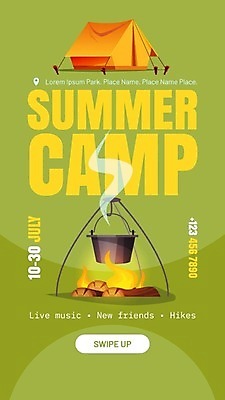 EPS 해외이미지 배너 포스터 일러스트 휴가 텐트 사람없음 초록색 트래킹 캠핑 냄비 장작 모닥불 해외202309 해외일러스트 컬러 불 레저 캠핑도구 솥 파일형식 벡터