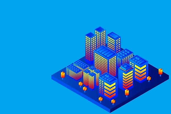EPS 해외이미지 하늘색 백그라운드 일러스트 빌딩 사람없음 건물 도시 네온 아이소메트릭 해외202309 해외일러스트 건축물 파란색 파일형식 벡터