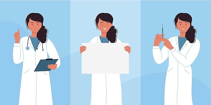 EPS 해외이미지 여자 일러스트 의학 청진기 주사기 들기 상반신 성인 세명 의사 서류판 성인여자만 카피스페이스 해외202309 해외일러스트 의료기기 모션 사람 사무용품 공백 의료진 여자만 성인만 파일형식 벡터