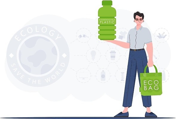 EPS 해외이미지 전신 남자 가방 일러스트 한명 들기 성인 재활용 보호 에코 친환경 페트병 성인남자한명만 해외202309 해외일러스트 1 잡화 컨셉 모션 사람 환경 병_담는 남자한명만 성인남자만 파일형식 벡터