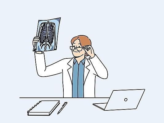 EPS 해외이미지 여자 중년 일러스트 엑스레이 한명 들기 상반신 노트북 펜 의사 스프링노트 중년여자한명만 해외202309 해외일러스트 1 의학 모션 사람 성인 전자제품 필기구 공책 의료진 여자한명만 중년여자만 파일형식 벡터