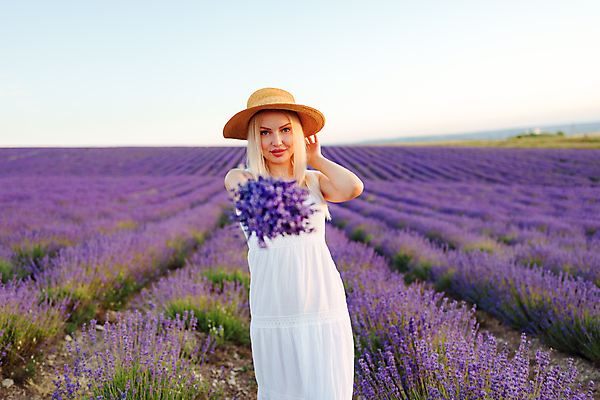 포토 JPG 해외이미지 응시 여자 꽃다발 꽃밭 한명 상반신 성인 야외 앞모습 금발 일몰 주기 밀짚모자 라벤더 프로방스 성인여자한명만 해외202309 해외포토 모자_잡화 1 헤어스타일 시선 꽃 뷰포인트 모션 사람 노을 허브 여자한명만 성인여자만 파일형식