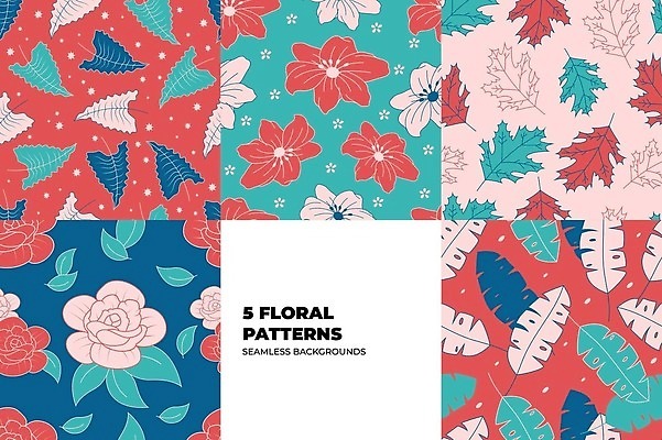 EPS 해외이미지 분홍색 단풍 낙엽 잎 꽃무늬 패턴 일러스트 사람없음 그래픽 빨간색 세트 빈티지 청록색 해외202309 해외일러스트 식물 꽃 컬러 컨셉 무늬 파일형식 벡터