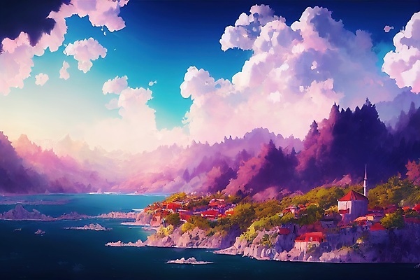 JPG 해외이미지 백그라운드 일러스트 하늘 산 사람없음 판타지 컬러풀 마을 공상 크로아티아 몽환 해외202309 해외일러스트 유럽 컬러 컨셉 상상 파일형식