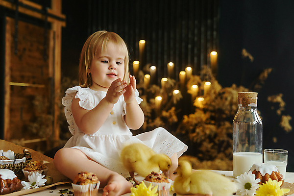 포토 JPG 해외이미지 전신 백인 여자 탁자 부활절 오리 한명 앉기 손짓 앞모습 아기 여자아기한명만 해외202309 해외포토 서양인 1 기념일 뷰포인트 가구 모션 조류 사람 여자한명만 여자아기만 파일형식