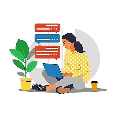 EPS 해외이미지 전신 여자 화분 말풍선 일러스트 한명 앉기 성인 노트북 커피잔 온라인강의 성인여자한명만 해외202309 해외일러스트 1 커피 모션 잔 사람 전자제품 강의 여자한명만 성인여자만 파일형식 벡터 언택트