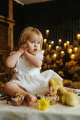 포토 JPG 해외이미지 전신 백인 여자 탁자 부활절 오리 한명 앉기 손짓 앞모습 아기 여자아기한명만 해외202309 해외포토 서양인 1 기념일 뷰포인트 가구 모션 조류 사람 여자한명만 여자아기만 파일형식