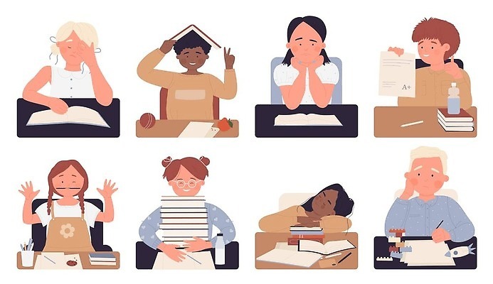 EPS 해외이미지 여자 남자 행복 종이 어린이 일러스트 수업 윙크 앉기 소년 여러명 상반신 책 필기구 턱괴기 만족 브이 다문화 다인종 따봉 어려움 어린이만 해외202309 해외일러스트 교육 감정 다수 모션 문구용품 표정 사람 인종 손짓 최고 사회이슈 파일형식 벡터