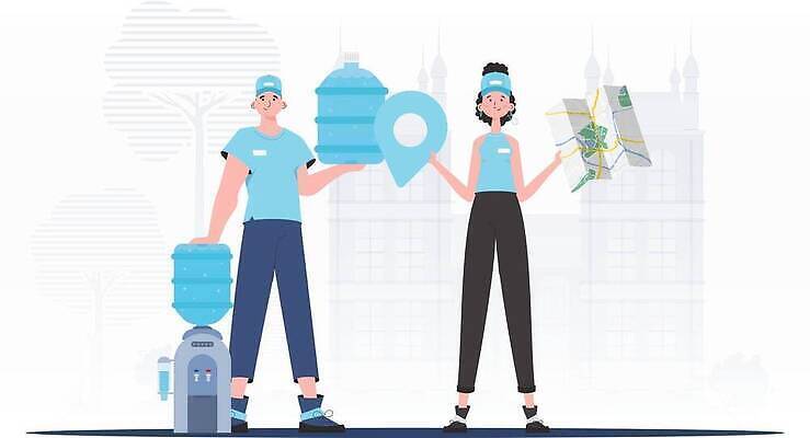 EPS 해외이미지 여자 남자 지도 일러스트 들기 성인 두명 물 파란색 기댐 신선 물통 배송 위치 정수기 성인만 해외202309 해외일러스트 자연요소 컬러 모션 사람 파일형식 벡터