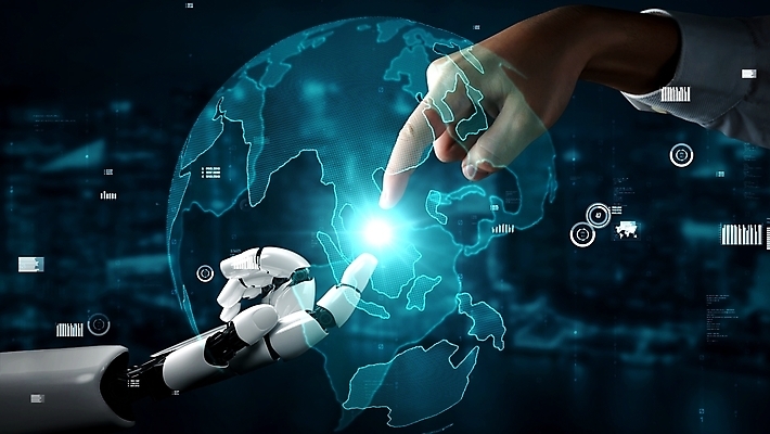 포토 해외이미지 손 비즈니스 그래프 미래 신체부위 파란색 지구본 스크린 기계 터치 가리킴 로봇 AI_인공지능 해외202309 해외포토 AI파일 컬러 컨셉 사람 손짓 파일형식 벡터