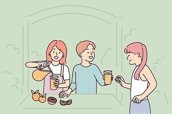 EPS 해외이미지 라이프스타일 여자 남자 어린이 오렌지 일러스트 소년 상반신 컵 세명 기쁨 붓기 오렌지주스 주기 어린이만 해외일러스트 식기 감정 과일 모션 사람 생활 과일주스 파일형식 벡터