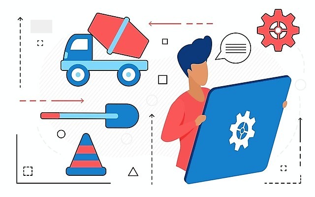 EPS 해외이미지 남자 건축 말풍선 일러스트 한명 들기 상반신 성인 태블릿 트럭 삽 레미콘 칼라콘 성인남자한명만 해외202309 해외일러스트 1 모션 자동차 사람 전자제품 스마트기기 안전장비 남자한명만 성인남자만 파일형식 벡터