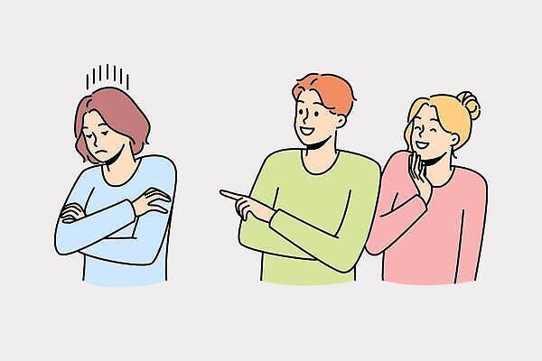 EPS 해외이미지 여자 남자 일러스트 웃음 상반신 성인 세명 팔짱 가리킴 우울감 성인만 해외202309 해외일러스트 감정 모션 표정 사람 손짓 파일형식 벡터