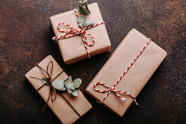 포토 JPG 해외이미지 리본 잎 크리스마스 실내 크리스마스선물 사람없음 선물상자 하이앵글 갈색 오브젝트 유칼립투스 해외202309 해외포토 식물 기념일 뷰포인트 컬러 선물 내부 상자 파일형식