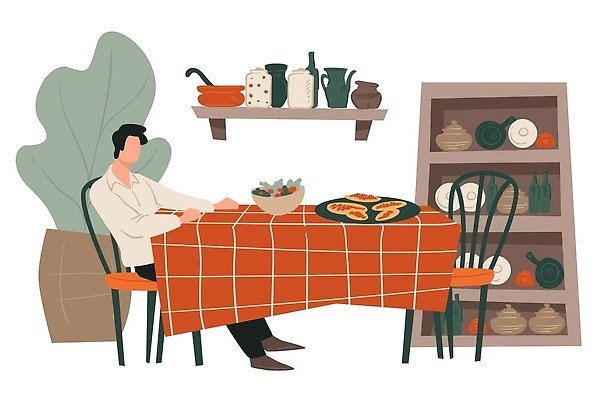 EPS 해외이미지 전신 식물 그릇 남자 화분 의자 일러스트 탁자 선반 한명 앉기 성인 레스토랑 식사 샐러드 식탁보 성인남자한명만 해외202309 해외일러스트 1 식기 음식 가구 모션 사람 식당 남자한명만 성인남자만 파일형식 벡터