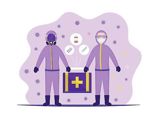 EPS 해외이미지 전신 남자 가방 일러스트 의학 고글 주사기 마스크 들기 성인 두명 알약 보라색 바이러스 약병 성인남자만 방호복 해외202309 해외일러스트 잡화 옷 컬러 의료기기 모션 사람 약 병_담는 남자만 성인만 파일형식 벡터