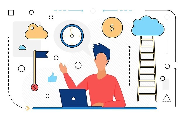 EPS 해외이미지 남자 시계 일러스트 사다리 관리 한명 상반신 성인 노트북 달러 동전 깃발 업무 비즈니스맨 성인남자한명만 해외202309 해외일러스트 1 돈 비즈니스 사람 전자제품 도구 작업 직장인 남자한명만 성인남자만 파일형식 벡터