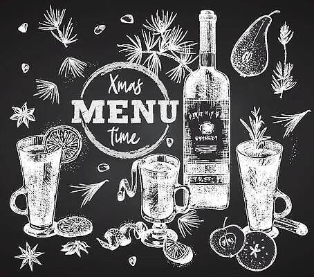 EPS 해외이미지 리본 와인잔 과일 일러스트 사람없음 세트 와인 빈티지 스케치 허브 메뉴 손그림 시나몬 해외202309 해외일러스트 식물 컨셉 술잔 주류 미술 파일형식 벡터