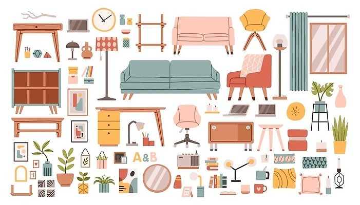 EPS 해외이미지 식물 화분 시계 액자 쿠션 일러스트 창문 사람없음 책 소파 거울 스탠드 커튼 책상 서랍장 엘리먼트 파스텔톤 해외202309 해외일러스트 컬러 가구 의자 조명 파일형식 벡터