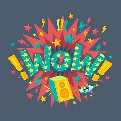 EPS 해외이미지 디자인 영어 일러스트 캘리그라피 타이포그라피 사람없음 스피커 느낌표 감탄 레터링 와우 해외202309 해외일러스트 문자 기호 음향기기 파일형식 벡터