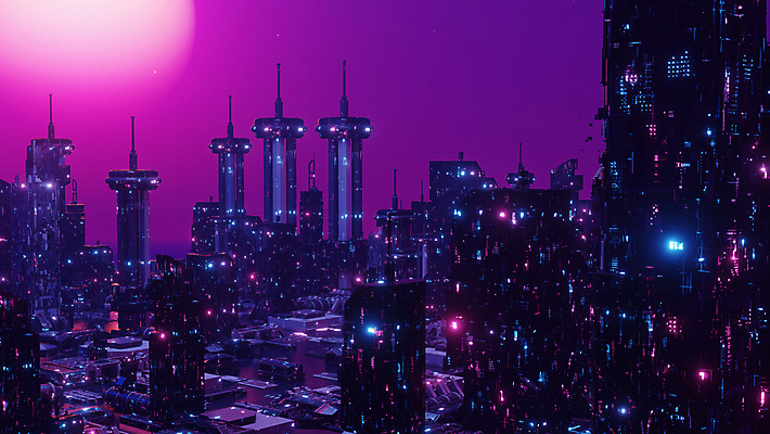 JPG 해외이미지 미래 빌딩 사람없음 건물 빛 3D 보라색 도시 사이버 네온 해외202309 해외포토 포토 건축물 컬러 컨셉 디지털합성 파일형식