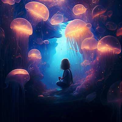 해외이미지 여자 어린이 바다 한명 빛 심해 어둠 신비 명상 해파리 소녀만 소녀한명만 해외202309 해외포토 포토 1 컨셉 사람 바닷속 자포동물 여자만 여자한명만 어린이만