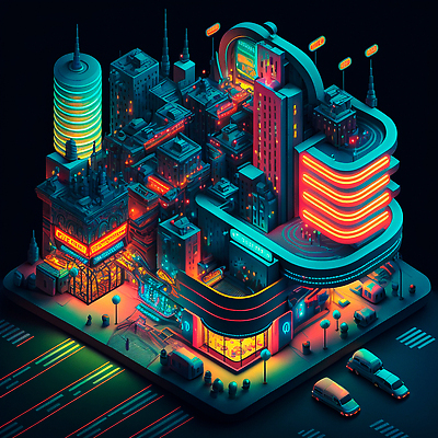 JPG 해외이미지 도로 일러스트 자동차 빌딩 사람없음 건물 빛 어둠 도시 도심 네온 주차장 아이소메트릭 사이버펑크 해외202309 해외일러스트 건축물 길 육상교통 교통시설 파일형식 SF