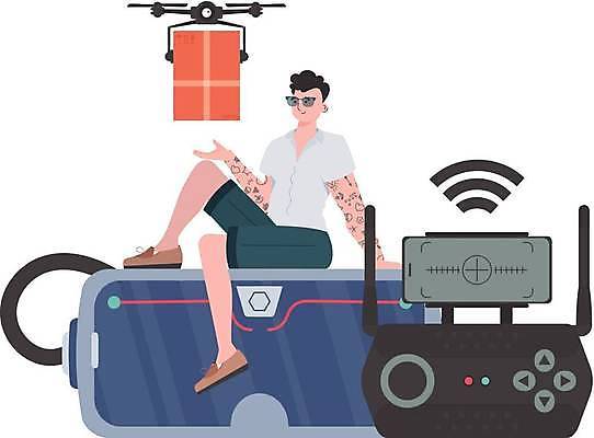 EPS 해외이미지 전신 남자 일러스트 미래 한명 앉기 손짓 성인 기계 화물 스마트 배송 택배상자 로봇산업 드론 조종장치 성인남자한명만 해외202309 해외일러스트 1 산업 컨셉 모션 사람 상자 장비 운송업 로봇 택배 남자한명만 성인남자만 파일형식 벡터