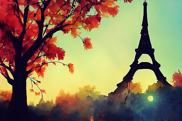 JPG 해외이미지 일러스트 단풍나무 추상 사람없음 일출 에펠탑 카툰스타일 해외202309 해외일러스트 나무 단풍 무늬 노을 파리 랜드마크 파일형식