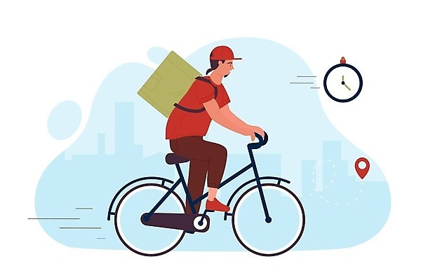 EPS 해외이미지 전신 남자 시계 일러스트 한명 성인 자전거 배달원 승차 서비스 속도 성인남자한명만 해외202309 해외일러스트 직업 1 모션 사람 바이크 남자한명만 성인남자만 파일형식 벡터