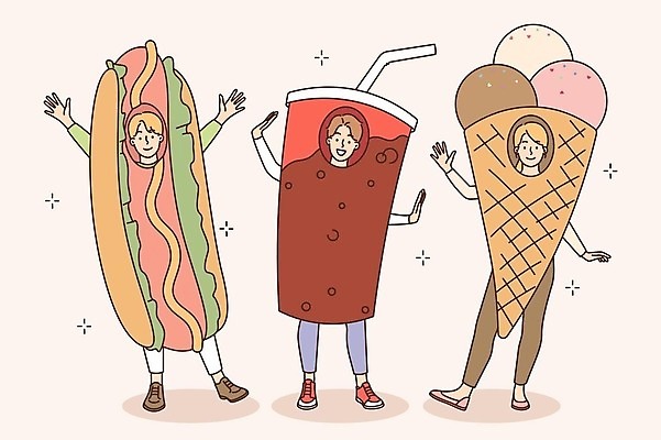 EPS 해외이미지 전신 여자 남자 행복 일러스트 아이스크림 성인 세명 반짝임 콜라 핫도그 코스프레 성인만 해외202309 해외일러스트 감정 음식 모션 디저트 패스트푸드 사람 탄산음료 파일형식 벡터