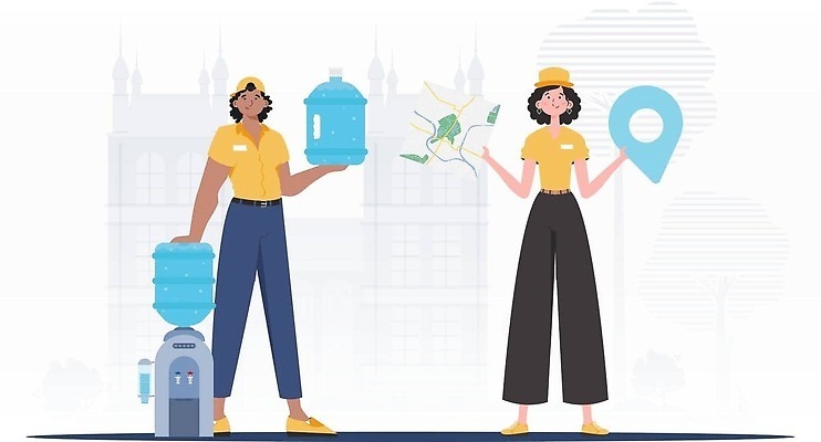 EPS 해외이미지 여자 남자 지도 일러스트 들기 성인 두명 물 노란색 기댐 신선 물통 배송 위치 정수기 성인만 해외202309 해외일러스트 자연요소 컬러 모션 사람 파일형식 벡터