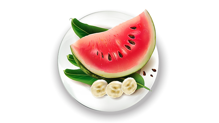 포토 JPG 해외이미지 접시 조각 잎 단면 수박 바나나 사람없음 그림 수박씨 해외202309 해외포토 식물 식기 과일 씨앗 파일형식