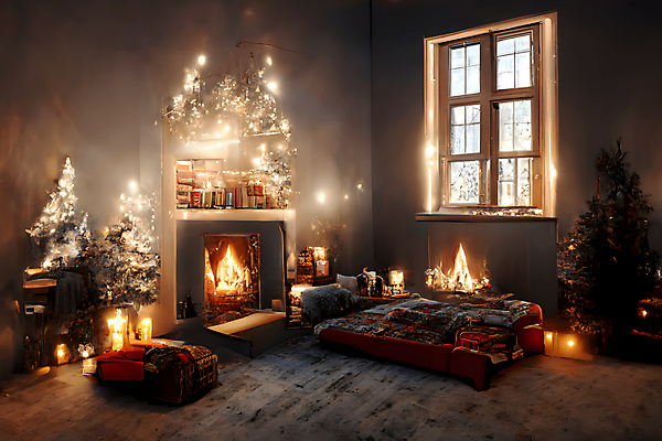 포토 JPG 해외이미지 크리스마스 창문 실내 따뜻함 사람없음 빛 반짝임 인테리어 크리스마스트리 침대 편안함 벽난로 해외202309 해외포토 디자인 기념일 가구 모션 내부 감각 파일형식