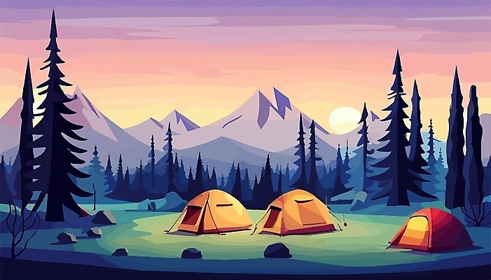 EPS 해외이미지 나무 여행 일러스트 산 텐트 사람없음 캠핑 모닥불 캠핑장 해외202309 해외일러스트 식물 불 레저 캠핑도구 파일형식 벡터