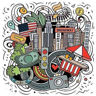 EPS 해외이미지 클립아트 디자인 문화 도로 여행 스티커 일러스트 건축양식 거리 야외 건물 장식 컬러풀 미국 도시 도심 낙서 사과 만화 수집 오브젝트 뉴욕 택시 타운 스카이라인 맨해튼 재즈 구성 길거리음식 랜드마크 브로드웨이 전국 브루클린 해외202309 해외일러스트 건축물 건축 길 음악 음식 컬러 북아메리카 과일 교통시설 승용차 자동차 파일형식 벡터