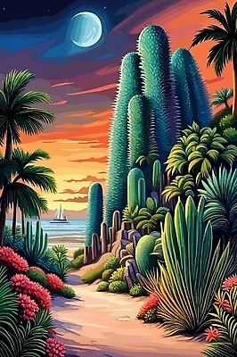 EPS 해외이미지 꽃 일러스트 선인장 사람없음 노을 사막 달 해외202309 해외일러스트 자연요소 식물 파일형식 벡터