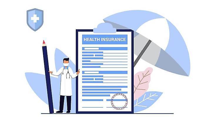 EPS 해외이미지 전신 남자 하늘색 잎 일러스트 한명 손짓 성인 펜 건강관리 의사 파라솔 보호 보험계약서 서류판 의료보험 성인남자한명만 해외202309 해외일러스트 식물 1 컨셉 모션 건강 관리 사람 파란색 필기구 사무용품 의료진 보험 남자한명만 성인남자만 파일형식 벡터